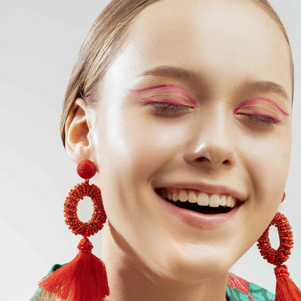 Red Beaded Drop Tassel earrings - HASHTACK