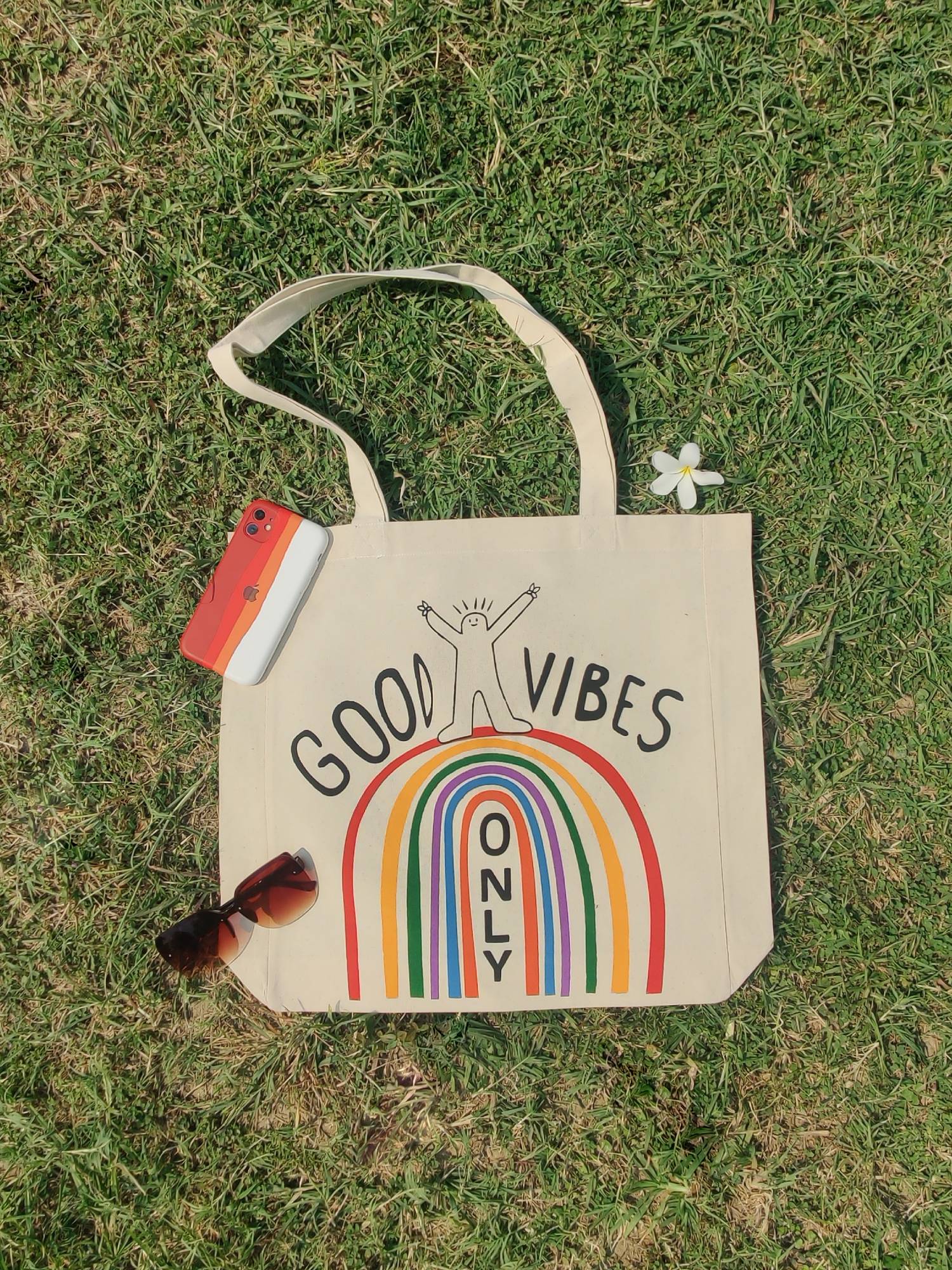 Good Vibes Only Rainbow Canvas Tote Bag