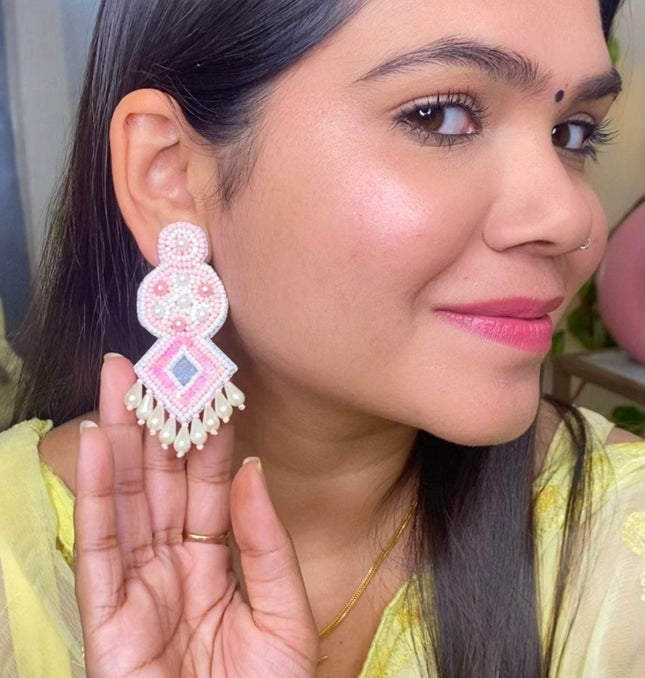 Blush Pink Pearl Drop Diamond Patra Earrings - HASHTACK