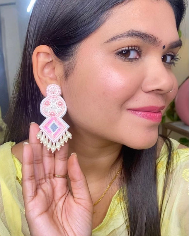 Blush Pink Pearl Drop Diamond Patra Earrings