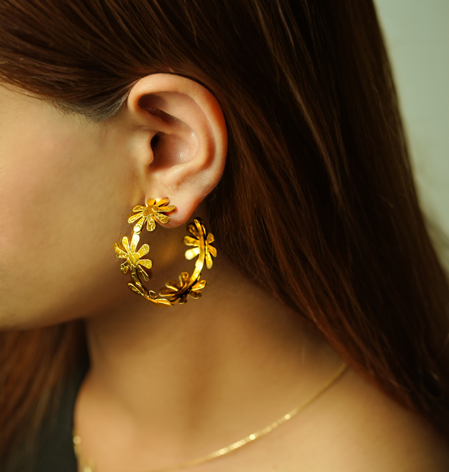 Gold Flower Brass Hoop Earrings