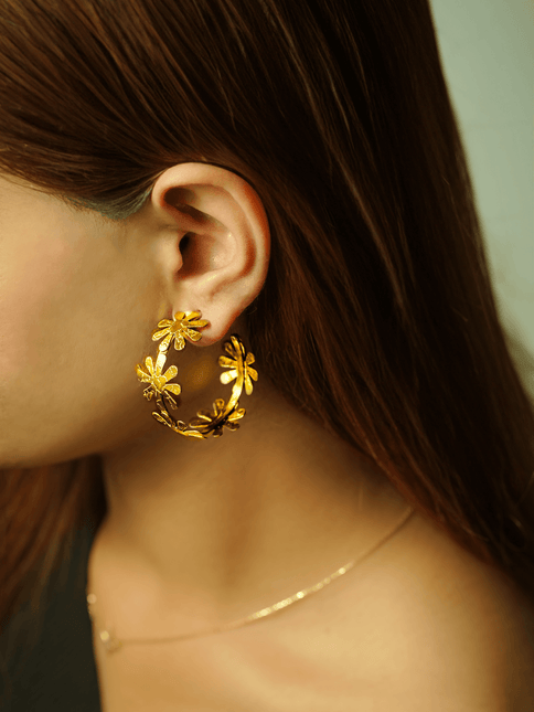 Gold Flower Brass Hoop Earrings - HASHTACK