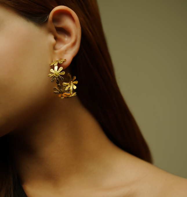 Gold Flower Brass Hoop Earrings