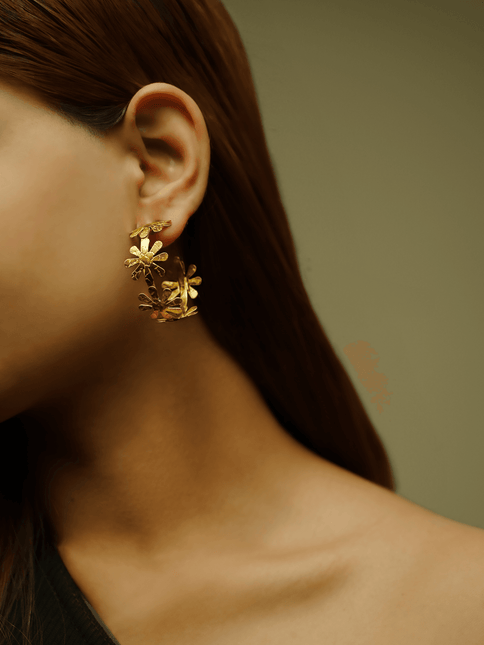 Gold Flower Brass Hoop Earrings - HASHTACK