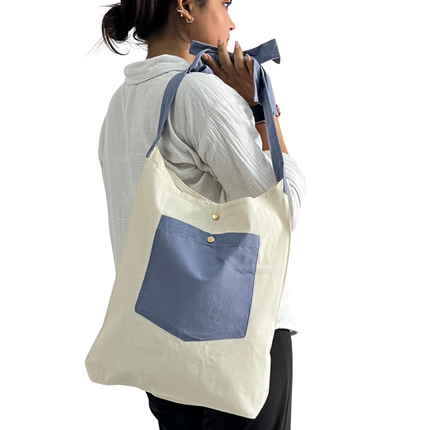 Blue Bold Striped Pocket with Bow Canvas Tote Bag