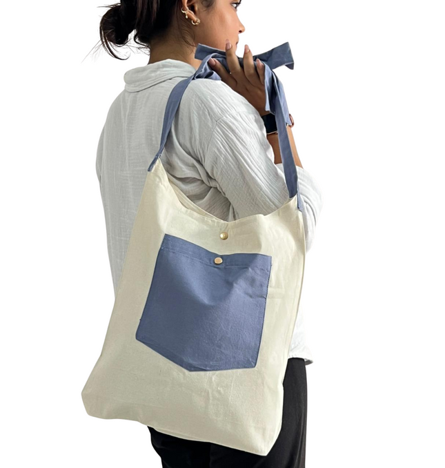 Blue Bold Striped Pocket with Bow Canvas Tote Bag
