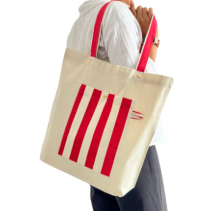 Red Bold Striped Pocket Canvas Tote Bag