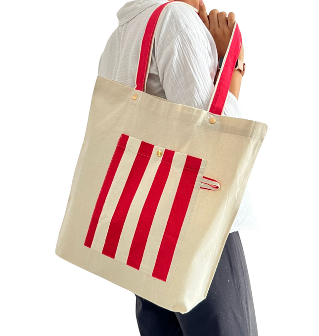 Red Bold Striped Pocket Canvas Tote Bag