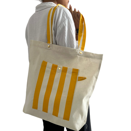 Yellow Bold Striped Pocket Canvas Tote Bag