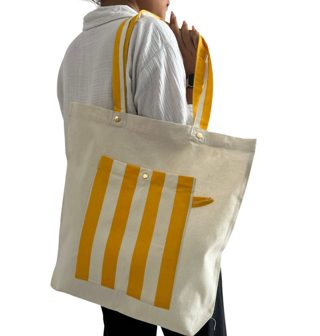 Yellow Bold Striped Pocket Canvas Tote Bag