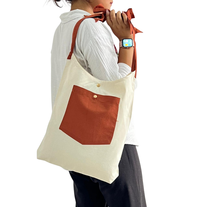 Brown Bold Striped Pocket with Bow Canvas Tote Bag