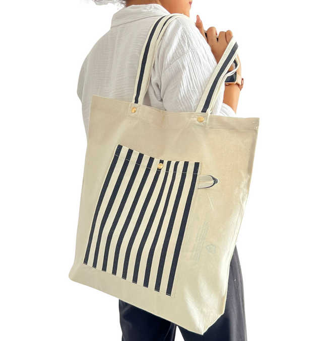 Black Classic Striped Pocket Canvas Tote Bag