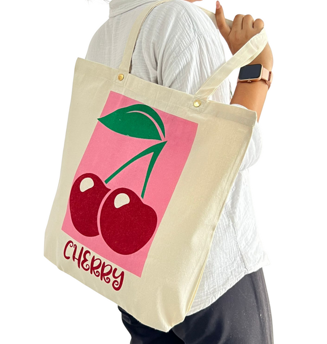 Cherry Print Canvas Tote Bag