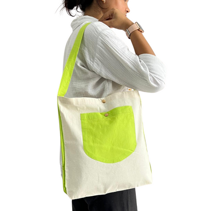 Lime Green Bold Striped Pocket Canvas Tote Bag