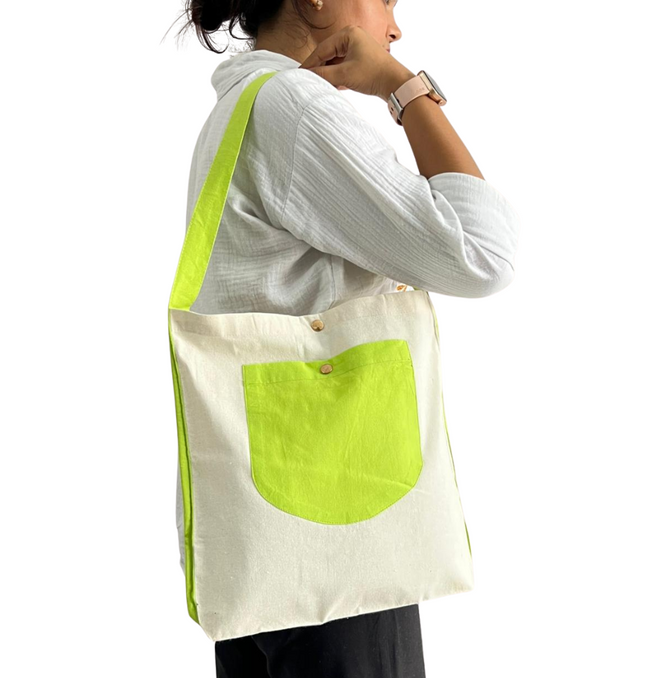 Lime Green Bold Striped Pocket Canvas Tote Bag