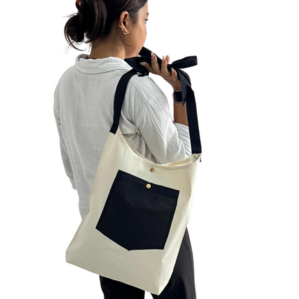 Black Bold Striped Pocket with Bow Canvas Tote Bag