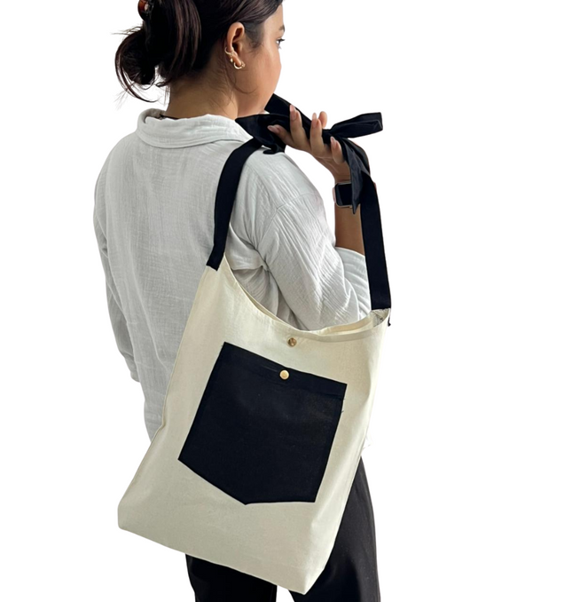 Black Bold Striped Pocket with Bow Canvas Tote Bag