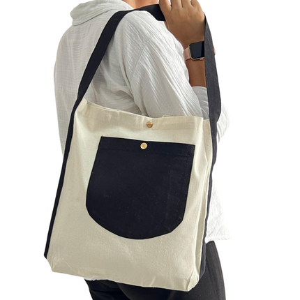 Black Bold Striped Pocket Canvas Tote Bag