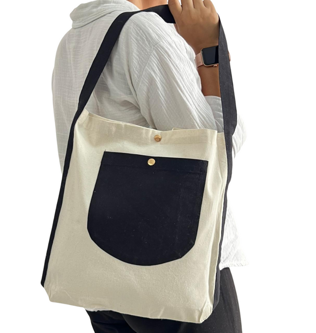Black Bold Striped Pocket Canvas Tote Bag