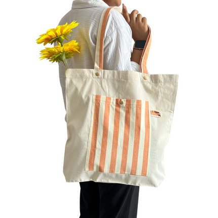 Brown Bold Striped Pocket Canvas Tote Bag