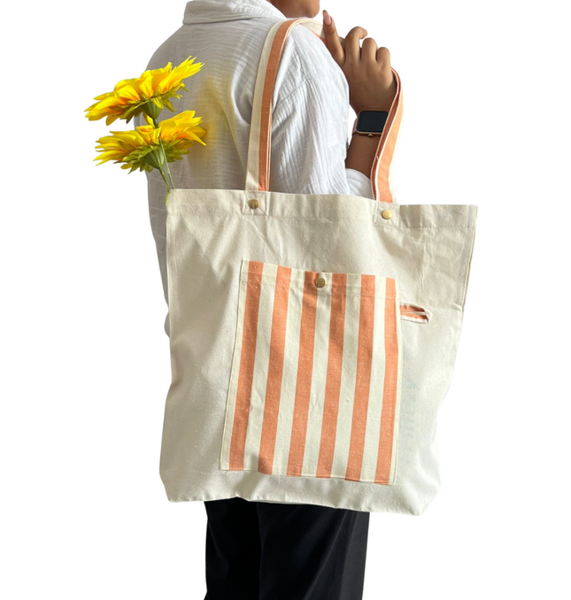 Brown Bold Striped Pocket Canvas Tote Bag