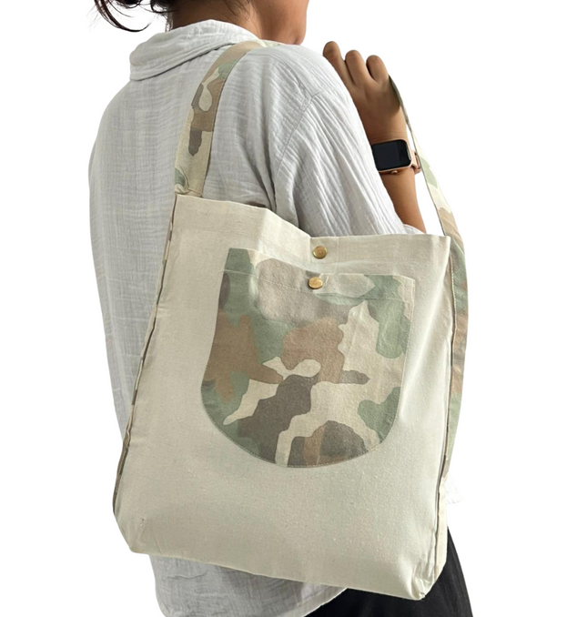Army Bold Striped Pocket Canvas Tote Bag