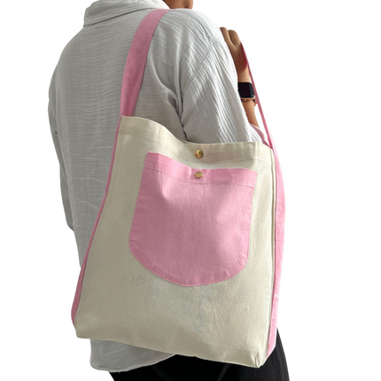 Pink Bold Striped Pocket Canvas Tote Bag