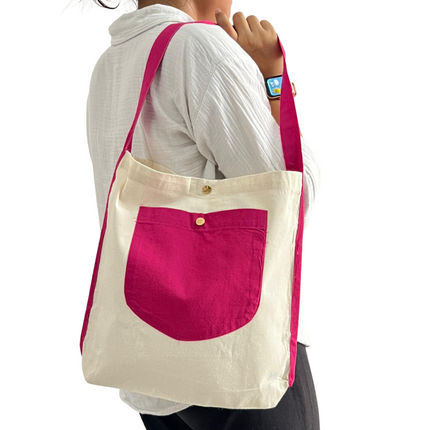 Hot Pink Bold Striped Pocket Canvas Tote Bag