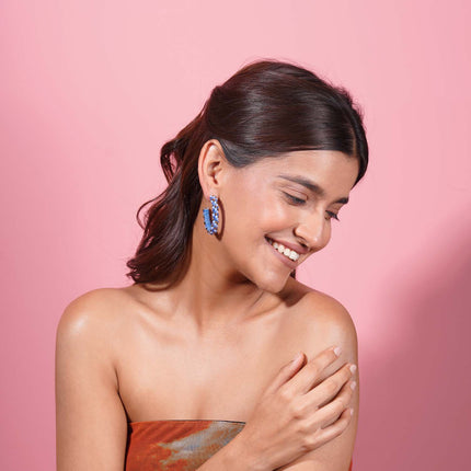 Sky Blue Beaded Hoops Earrings
