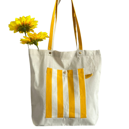 Yellow Bold Striped Pocket Canvas Tote Bag