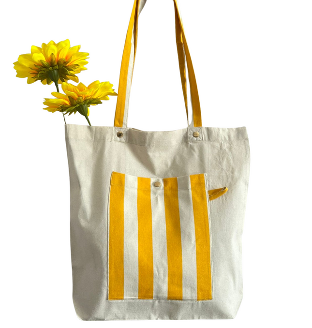 Yellow Bold Striped Pocket Canvas Tote Bag