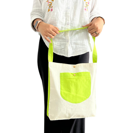 Lime Green Bold Striped Pocket Canvas Tote Bag
