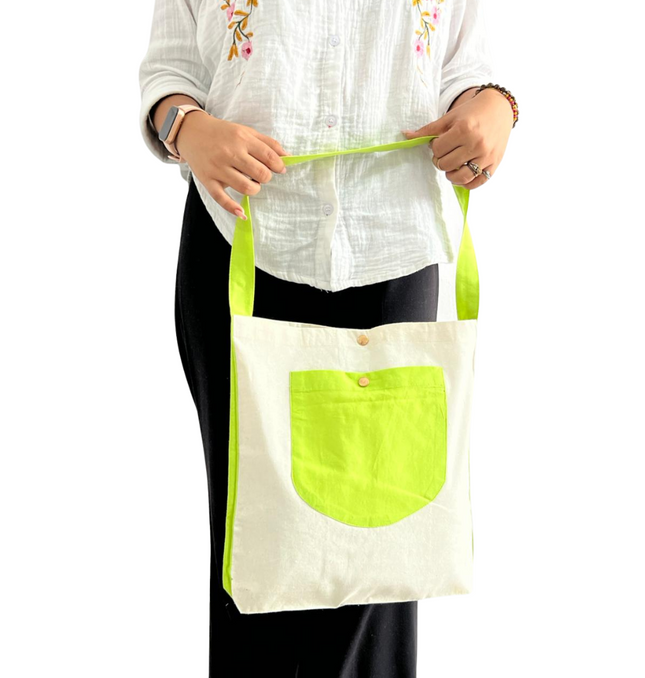 Lime Green Bold Striped Pocket Canvas Tote Bag