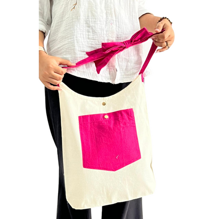 Pink Bold Striped Pocket with Bow Canvas Tote Bag
