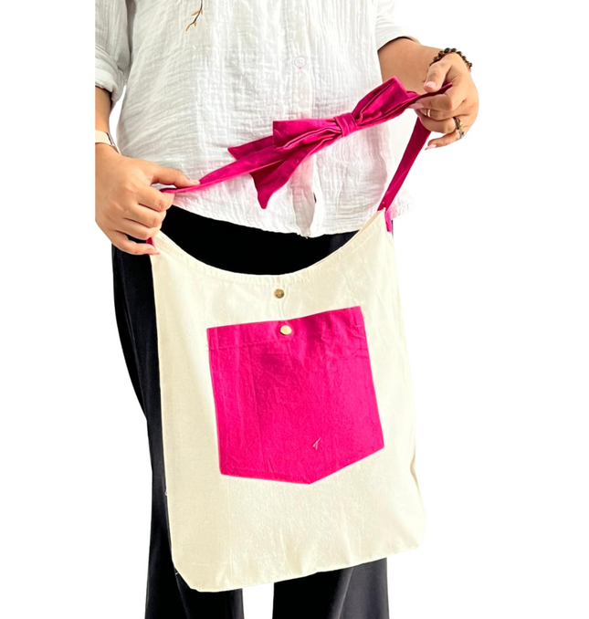 Pink Bold Striped Pocket with Bow Canvas Tote Bag