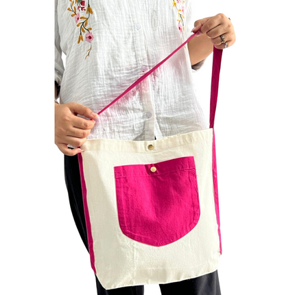 Hot Pink Bold Striped Pocket Canvas Tote Bag
