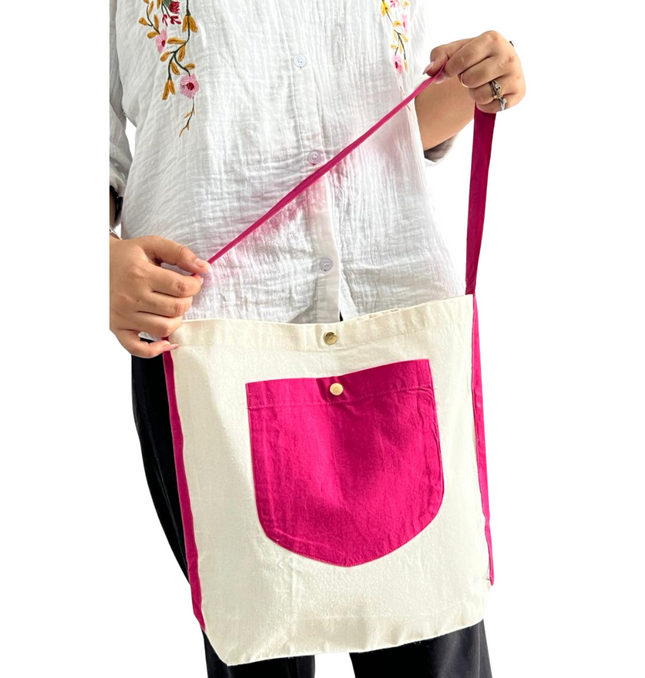 Hot Pink Bold Striped Pocket Canvas Tote Bag