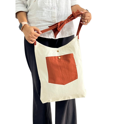 Brown Bold Striped Pocket with Bow Canvas Tote Bag