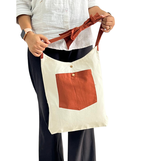 Brown Bold Striped Pocket with Bow Canvas Tote Bag