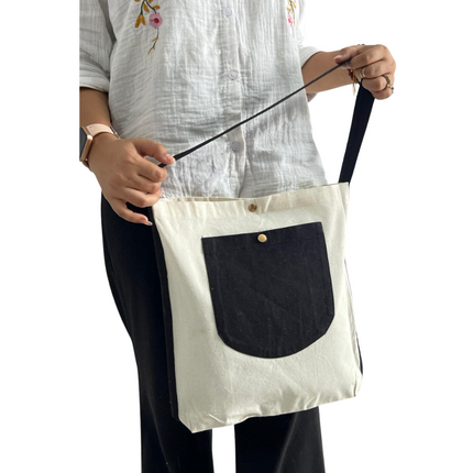 Black Bold Striped Pocket Canvas Tote Bag