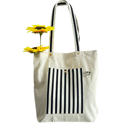 Black Classic Striped Pocket Canvas Tote Bag