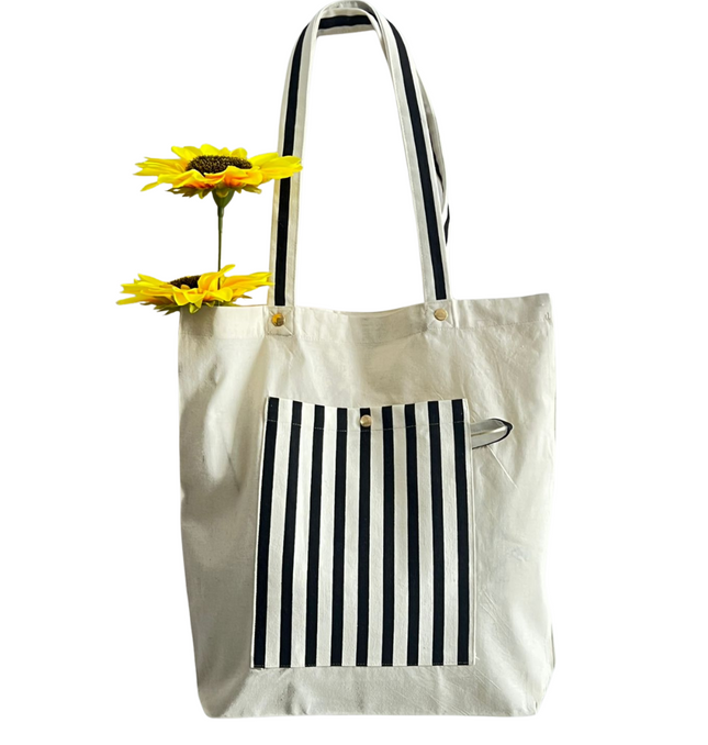 Black Classic Striped Pocket Canvas Tote Bag