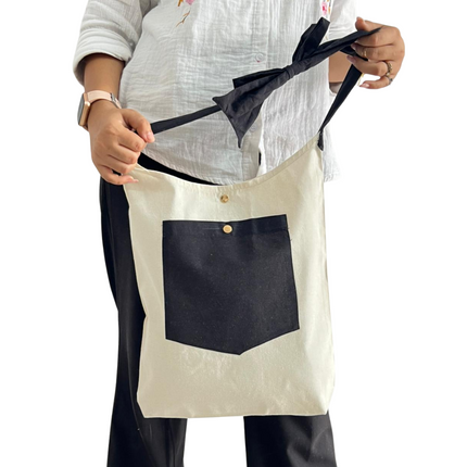 Black Bold Striped Pocket with Bow Canvas Tote Bag