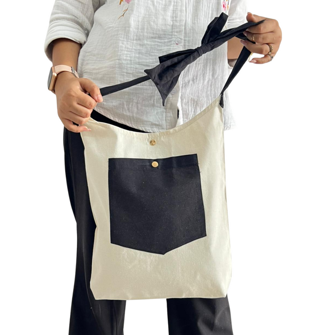 Black Bold Striped Pocket with Bow Canvas Tote Bag