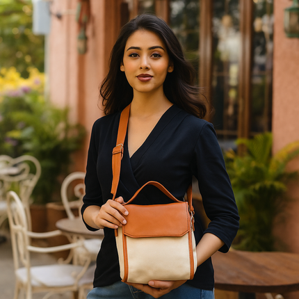 Classic Tan Canvas PU Shoulder Bag