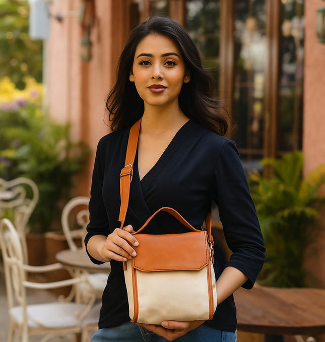 Classic Tan Canvas PU Shoulder Bag