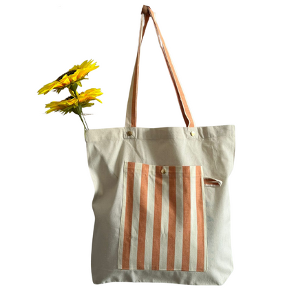 Brown Bold Striped Pocket Canvas Tote Bag