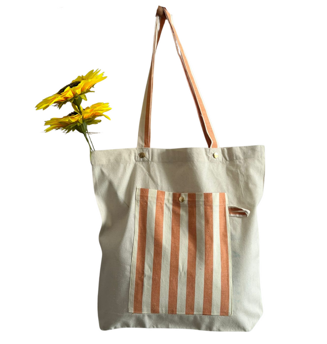 Brown Bold Striped Pocket Canvas Tote Bag