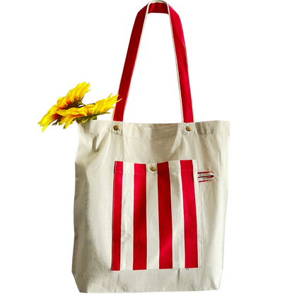Red Bold Striped Pocket Canvas Tote Bag