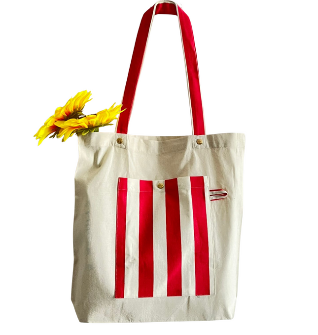 Red Bold Striped Pocket Canvas Tote Bag
